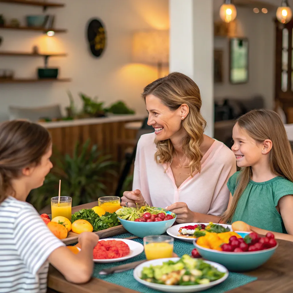 Emily with her family enjoying a superfood meal