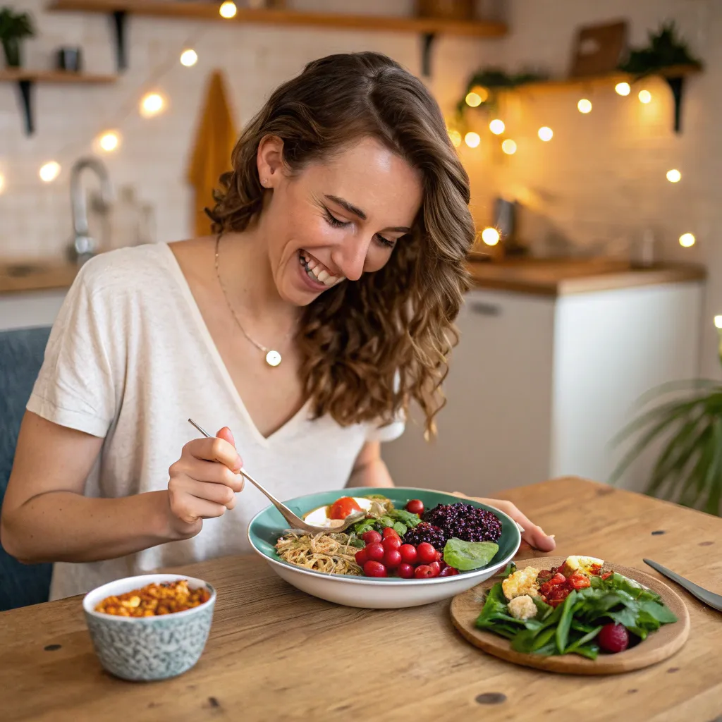 Sarah enjoying superfood dishes